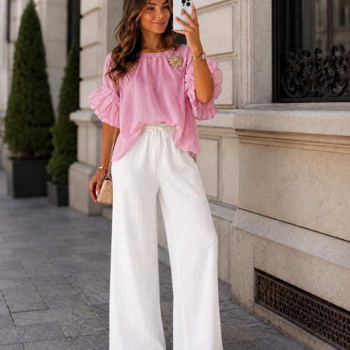 Elegantna roza bluza z nabranimi rokavi - slika 1