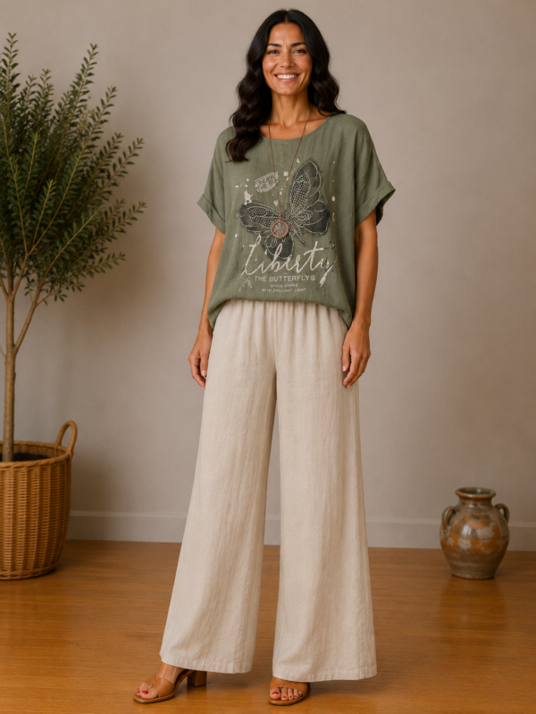 spletna-trgovina-z-oblacili-zenska-majica-kratek-rokav-unisize-oversize-olivna-hlace-bombaz-dolge-bez