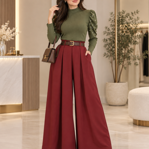 AMELIA - ženske elegantne široke hlače - bordo rdeča - slika 1