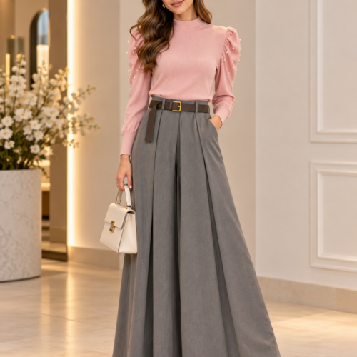 AMELIA - ženske elegantne široke hlače - siva - slika 1